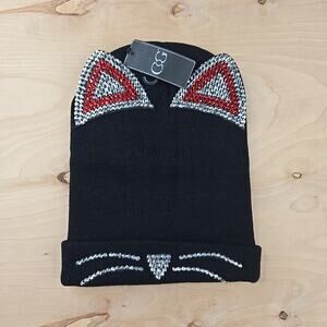 CoG Black Red Rhinestone Embellished Cat Ear Beanie Hat